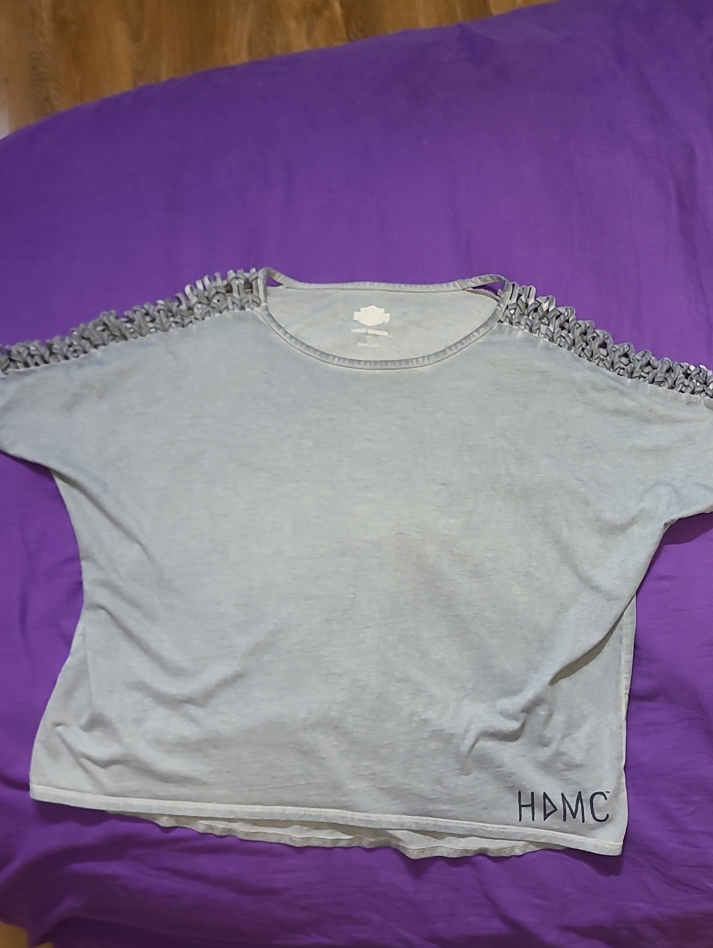 Harley-Davidson Light Gray Cold-Shoulder Tee with Lace Trim